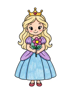 Princess Holding a Flower Coloring Page colored with AI in crayon style