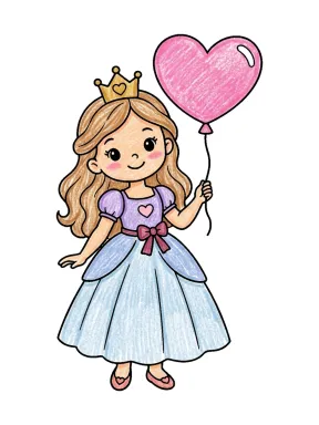 Princess Heart Balloon Coloring Page colored with AI in crayon style