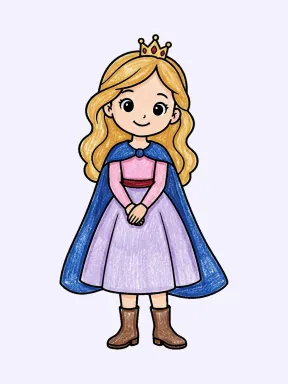 Princess in a Cape and Boots Coloring Page colored with AI in crayon style