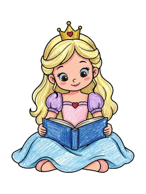 Princess Reading a Book Coloring Page colored with AI in crayon style