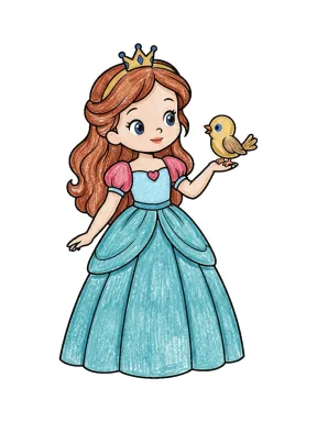 Princess and Little Bird Coloring Page colored with AI in crayon style