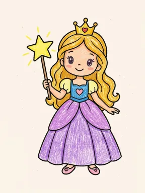 Princess with a Star Wand Coloring Page colored with AI in crayon style