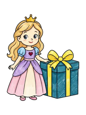 Princess and Gift Box Coloring Page colored with AI in crayon style