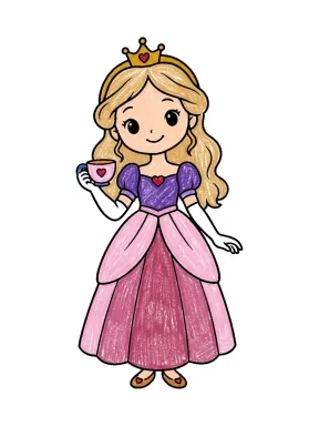 Princess Holding a Teacup Coloring Page colored with AI in crayon style