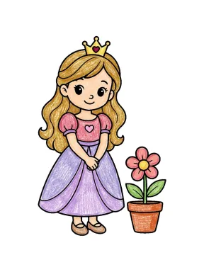 Princess and Potted Flower Coloring Page colored with AI in crayon style
