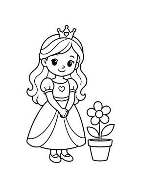 A princess standing beside a potted flower.