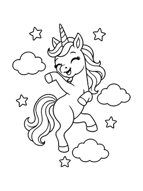 A cute unicorn dancing between rounded clouds and small stars.