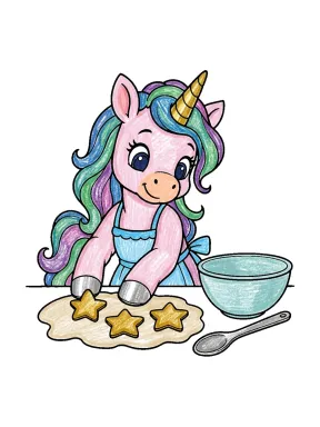 Unicorn Baking Star Cookies Coloring Page colored with AI in crayon style