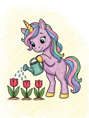 Unicorn Watering Tulips Coloring Page colored with AI in crayon style
