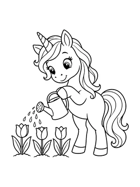 A cute unicorn watering three tulips with a watering can.