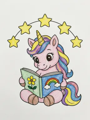 Unicorn Reading Under Stars Coloring Page colored with AI in crayon style