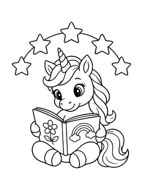 A cute unicorn reading an open picture book under an arch of stars.