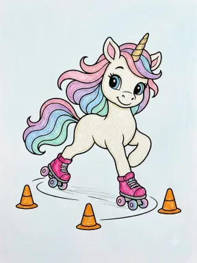 Unicorn on Roller Skates Coloring Page colored with AI in crayon style