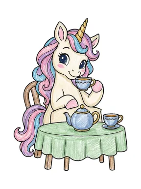 Unicorn Tea Party Coloring Page colored with AI in crayon style
