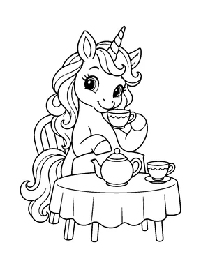 A cute unicorn having tea with a teapot and two teacups.