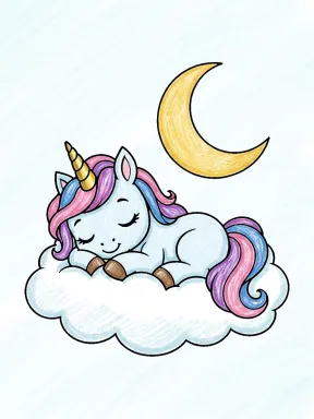Unicorn Sleeping on a Cloud Coloring Page, colored example