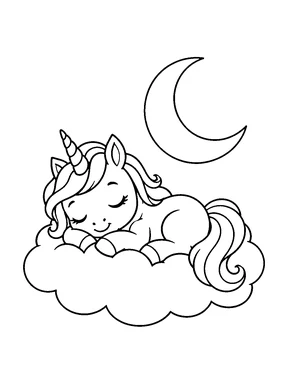 A cute unicorn sleeping on a fluffy cloud under a crescent moon.