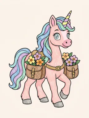 Unicorn Carrying Flowers Coloring Page colored with AI in crayon style