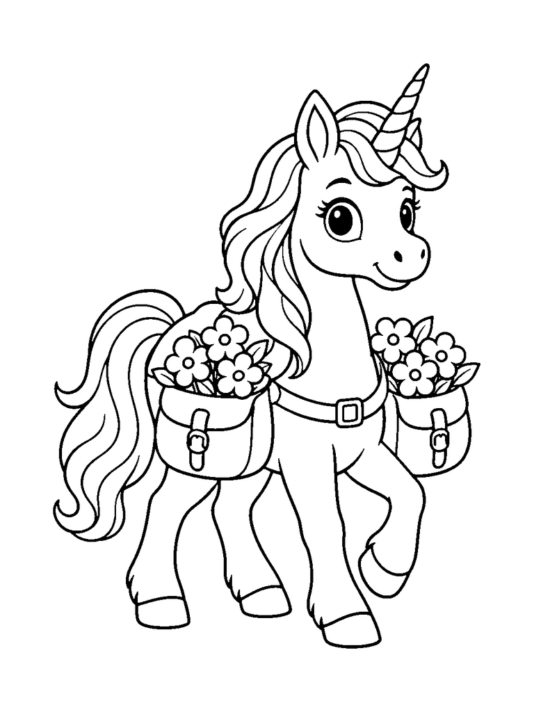 A cute unicorn carrying two saddlebags full of flowers.