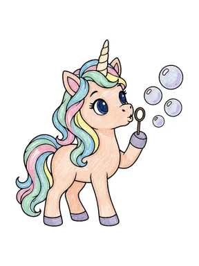Unicorn Blowing Bubbles Coloring Page colored with AI in crayon style