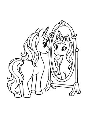 A cute unicorn looking into an oval standing mirror decorated with small flowers.