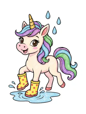 Unicorn Splashing in Puddles Coloring Page, colored example