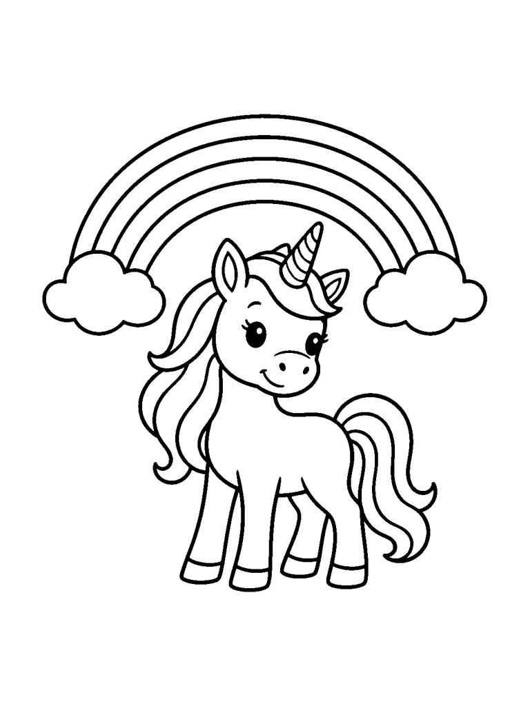 A unicorn standing under a simple rainbow.