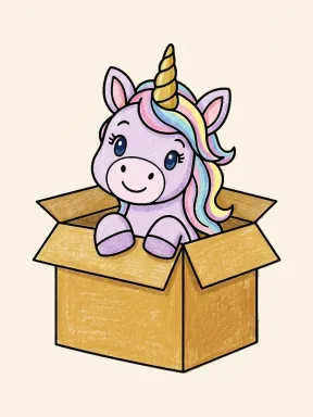 Unicorn in a Box Coloring Page colored with AI in crayon style