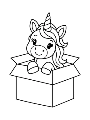 A unicorn peeking out of an open cardboard box.