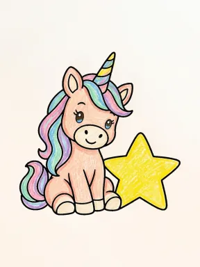 Unicorn and Big Star Coloring Page colored with AI in crayon style