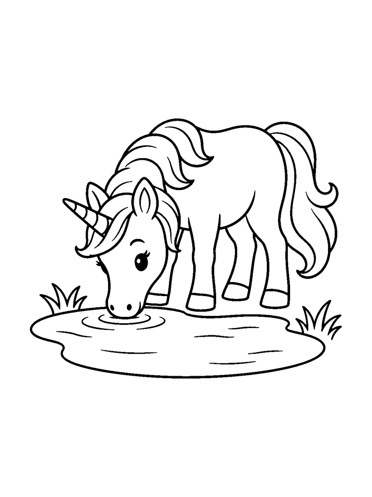 A unicorn drinking from a small pond.
