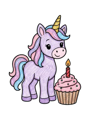 Unicorn Birthday Cupcake Coloring Page, colored example
