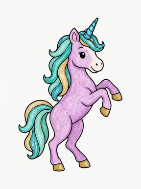 Rearing Unicorn Coloring Page colored with AI in crayon style
