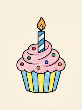 Birthday Cupcake Coloring Page colored with AI in crayon style