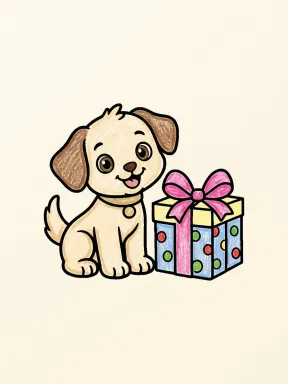 Birthday Puppy with a Gift Coloring Page colored with AI in crayon style