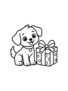 A smiling puppy sitting beside a wrapped birthday gift.