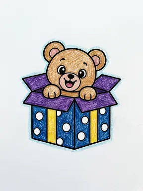 Birthday Surprise Gift Box Coloring Page colored with AI in crayon style