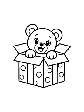 A teddy bear peeking out of an open birthday gift box.