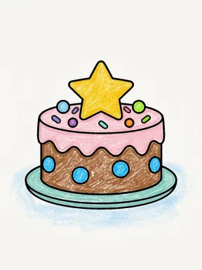 Birthday Cake with a Star Coloring Page colored with AI in crayon style