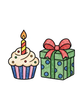 Birthday Cupcake and Gift Coloring Page colored with AI in crayon style