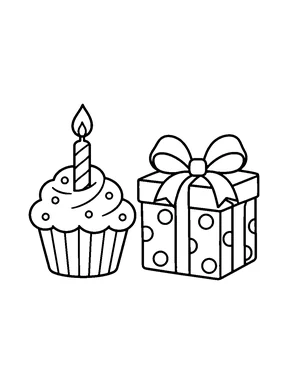 A birthday cupcake next to a wrapped gift.