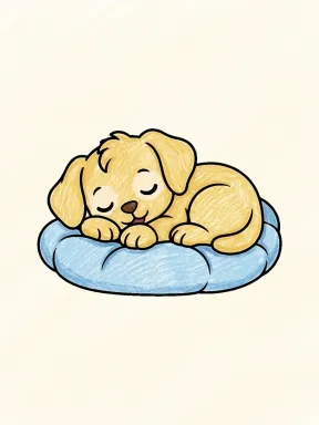 Sleeping Puppy on a Cushion Coloring Page colored with AI in crayon style