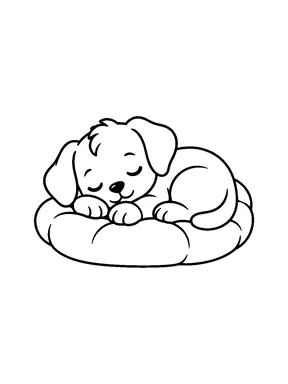 A sleeping puppy curled up on a cushion.