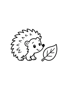 A friendly hedgehog beside a leaf.