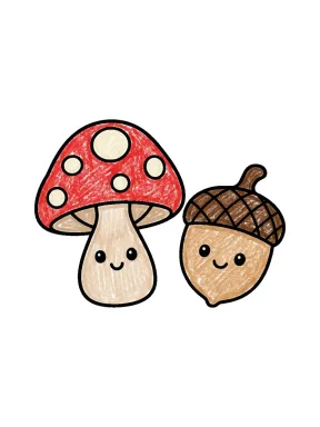Fall Mushroom and Acorn Coloring Page colored with AI in crayon style