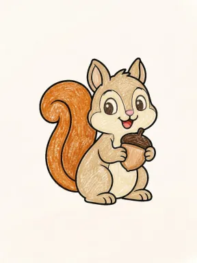 Fall Squirrel with an Acorn Coloring Page colored with AI in crayon style