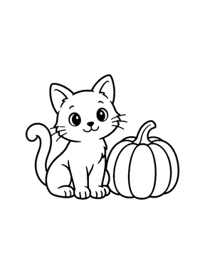 A friendly black cat beside a pumpkin.