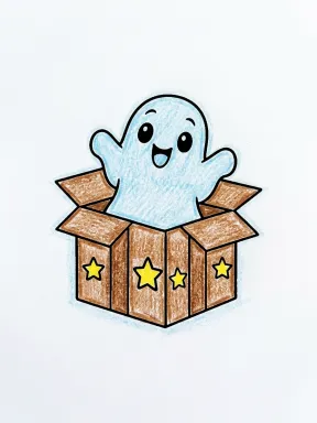 Ghost in a Gift Box Coloring Page colored with AI in crayon style