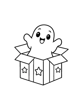 A friendly ghost inside an open gift box.