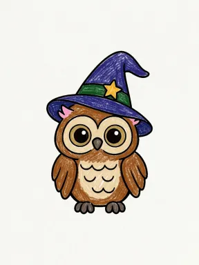 Owl in a Witch Hat Coloring Page colored with AI in crayon style